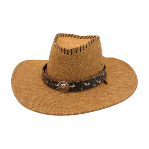 Western Cowboy Hat Polyester Felt Sun Protection Breathable Lion Head Metal Decor Outdoor Travel Vintage Men Women