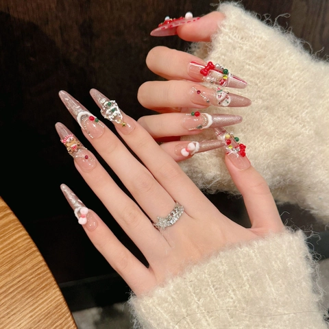 Handmade Christmas Press On Nails Snowman Reindeer Tree Rhinestone Artificial Pearls Long Stiletto False Nails Women Festive Art