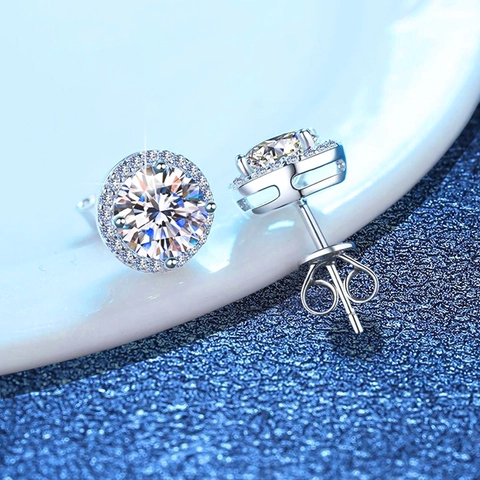 Round Halo Stud Earrings With 925 Sterling Silver Earring Post Moissanite Sparkling Minimalist Jewelry For Women