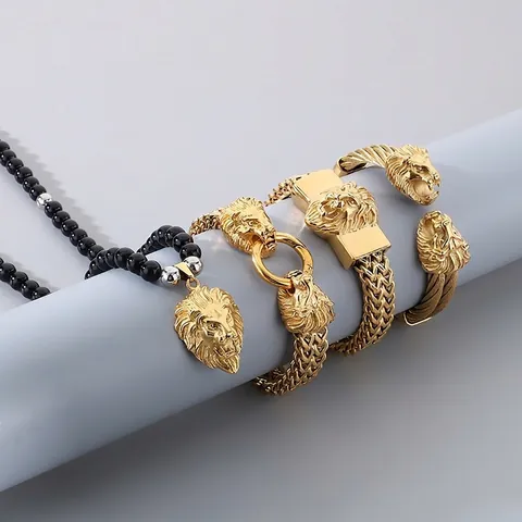 Necklace And Bangle Lion Head Pendant Stainless Steel Black Agate Beads Hip Hop Vintage Jewelry For Men