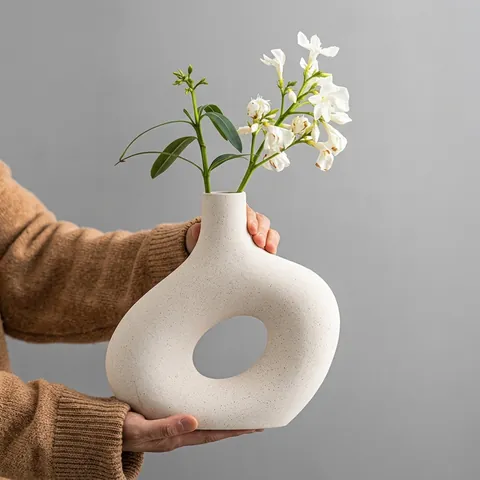 Ceramic Vase Matte Speckled Hollow Donut Shape Minimalist Nordic Style Flower Pot Living Room Desktop Home Decor Props