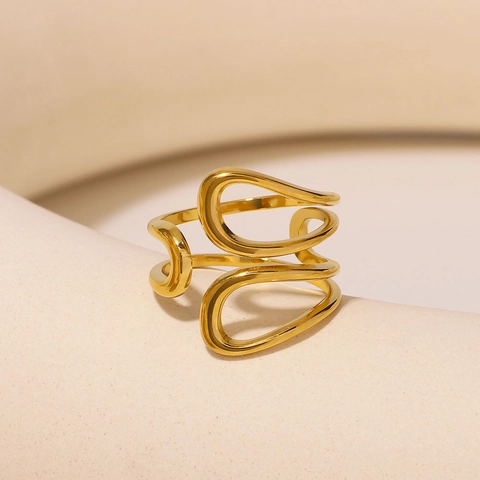 Minimalistischer Geometrischer Ring Edelstahl Verstellbar Asymmetrisch Oval Hohl Wellen Schmuck Gold Vergoldet Damen