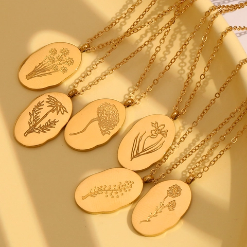 Edelstahl Oval Geburtsblumen Anhänger Halskette Gold Plattiert Geprägte Florale Kette Für Damen Nischen Design Schlüsselbeinkette
