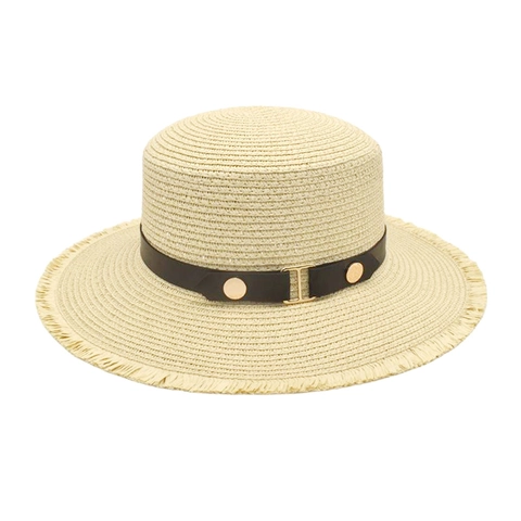 Sombrero De Paja Boater Mujer Ala Ancha Deshilachada Protección Solar Verano Playa Cinturón Cuero Moda