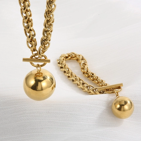 Stainless Steel Necklace And Bracelet Retro Toggle Clasp Hollow Ball Pendant Wheat Chain Industrial Punk Style For Women