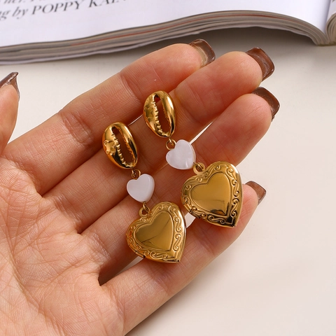 Stainless Steel Heart Locket Earrings Shell Accent Engraved Photo Frame Vintage Fashion Jewelry For Women