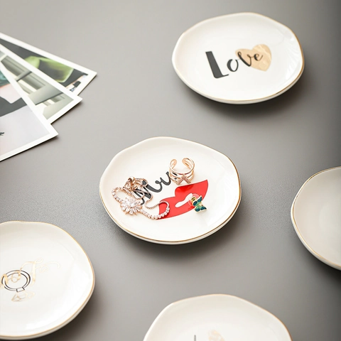 Ceramic Jewelry Dish Irregular Round Trinket Tray With Gold Rim Porcelain Ring Holder For Necklace Earrings Dresser Decor