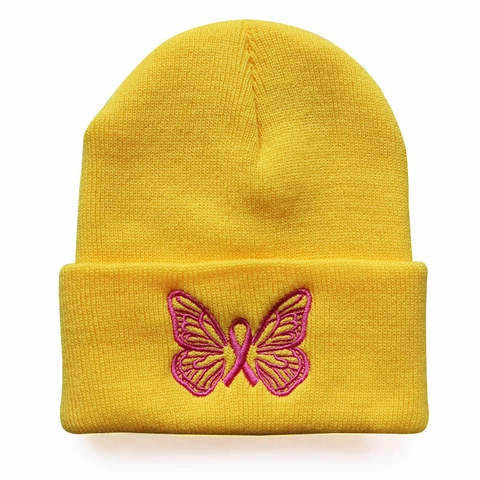 Butterfly Embroidery Knitted Beanie Hat Warm Winter Acrylic Cuffed Skull Cap For Women Men Pink Ribbon Awareness Soft