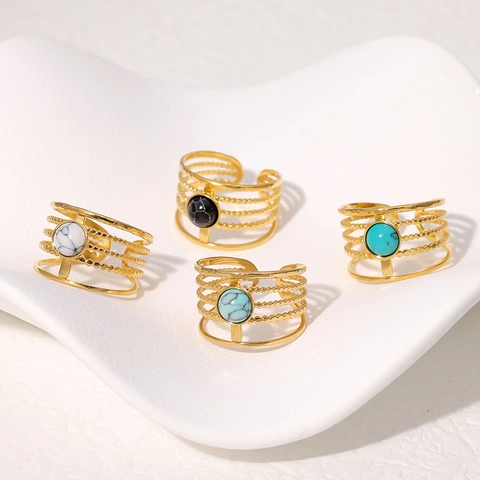 Multi Layer Verstellbarer Ring Goldbeschichtet Edelstahl Naturstein Türkis Boho Vintage Stil Für Damen