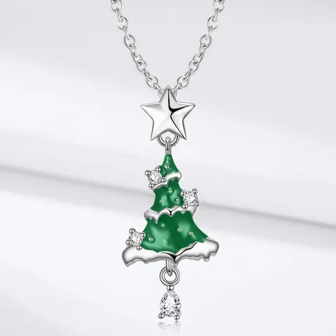 925 Sterlingsilber Weihnachtsbaum Anhänger Halskette Mit Grüner Emaille Stern Strass Funkelnder Schmuck Geschenk Für Damen