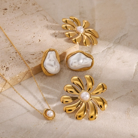 Artificial Baroque Pearl Necklace Earrings And Ring Women Stainless Steel Waterproof Hypoallergenic Elegant Vintage Geometric Jewelry