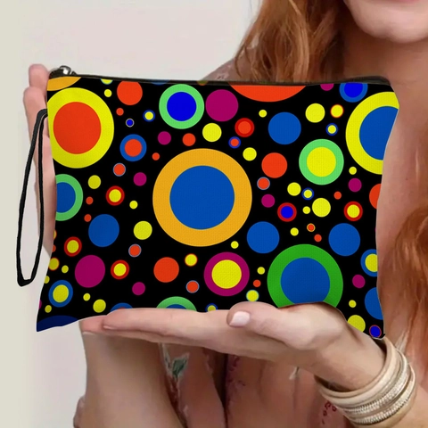Borsa Per Trucco A Pois In Lino Fine Con Cerniera E Cinturino Da Polso Pochette Da Viaggio Leggera Per Donna