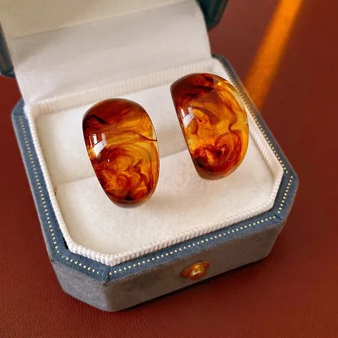 Pendientes De Aro En C Con Silver Earring Post Ámbar Acrílico Marmolado Carey Estilo Vintage Minimalista Para Mujeres