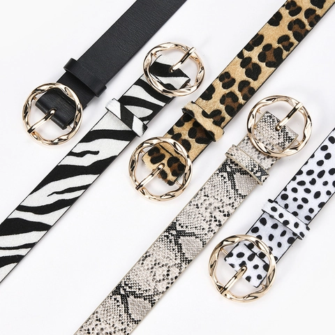 Cintura Moda Donna Pelle PU Lega Fibbia Rotonda Oro Stampa Leopardo Zebra Serpente Mucca Per Jeans