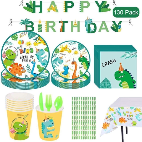 Dinosaur Birthday Party Supplies Cartoon Green Disposable Paper Plates Cups Napkins Tablecloth Cutlery Decorations For Kids