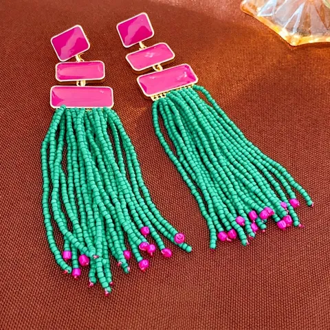 Bohemian Long Tassel Earrings With Silver Earring Post Alloy Enamel Green Seed Bead Pink Geometric Dangle Drop For Women