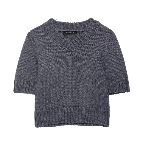 Women Short Sleeve Knit Sweater Solid Color Chunky Knit Top Casual Round Neck Acrylic Polyester Blend