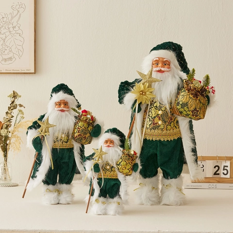 Retro Weihnachtsmann Figur Dunkelgrüner Samt Goldstickerei Mit Kunstpelz Mit Sternstab Und Geschenktüte