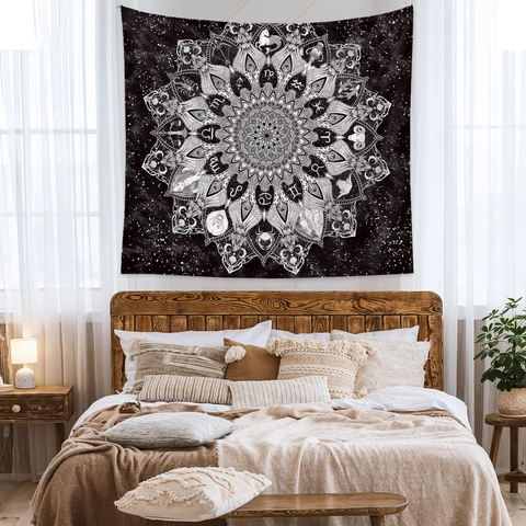Arazzo Mandala Zodiaco Nero E Bianco Costellazione Da Parete Poliestere Decorazione Bohémien Estetica Mistica Casa