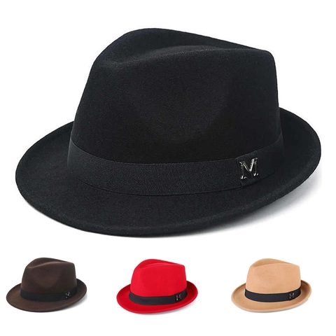 Dames Retro Fedora Hoed Polyester Wolfvilt Britse Stijl Jazz Pet Met Metalen M Letter Lint Band Warm