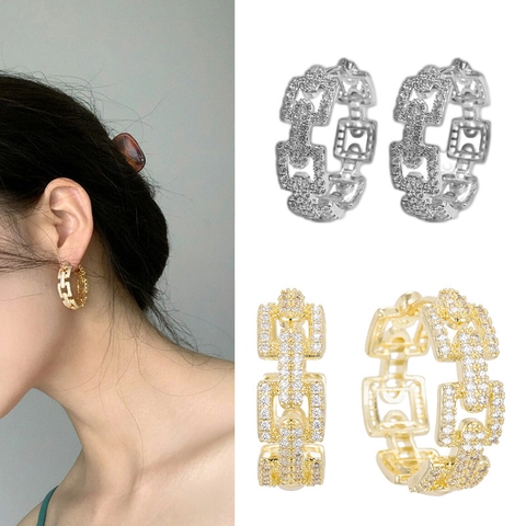 Chain Link Hoop Earrings Iced Out Zircon With 925 Sterling Silver Earring Post Fashion Jewelry For Women