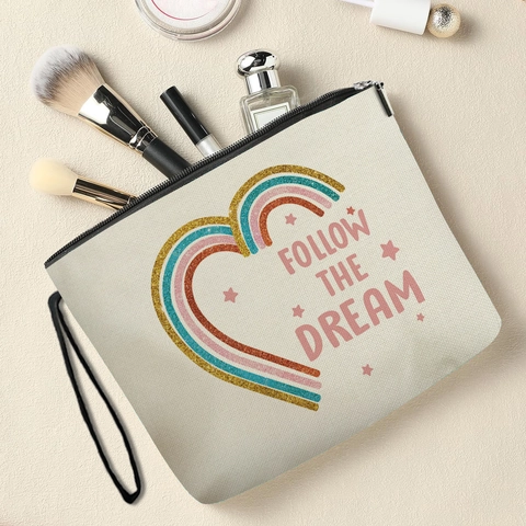 Borsa Trucco Cuore Arcobaleno In Lino Astuccio Cosmetici Con Cinturino Follow The Dream Stampa Organizzatore Viaggio Donna