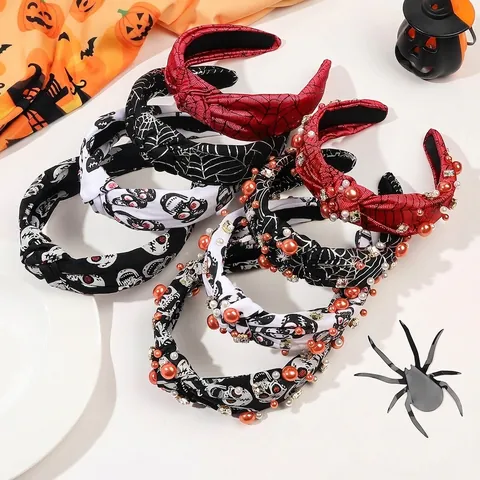 Halloween Knotted Headband Spider Web Skull Prints Faux Artificial Pearls Rhinestones Cloth High Top Hair Band Party Accessory For Women