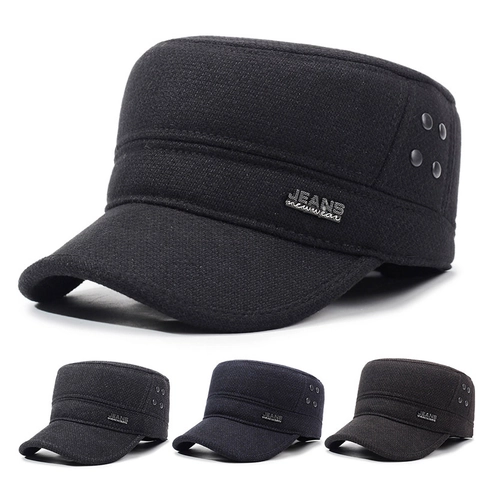 Herren Cadet Cap Winter Warm Verdickte Wollmischung Flache Mütze Mit Ohrenklappen Outdoor Winddicht Verstellbar Militärstil