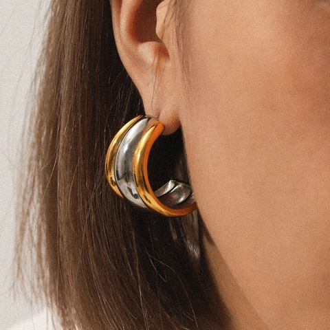 Orecchini A Cerchio A Forma Di C Contrasto Oro E Argento Acciaio Inossidabile Gioielli Minimalisti Per Donne