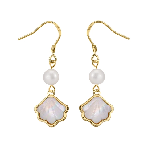 925 Sterlingsilber Naturperle Muschel Hängeohrringe 14K Vergoldet Luxus Elegant Weiße Perlmuschel Tropfenohrringe Damen Schmuck