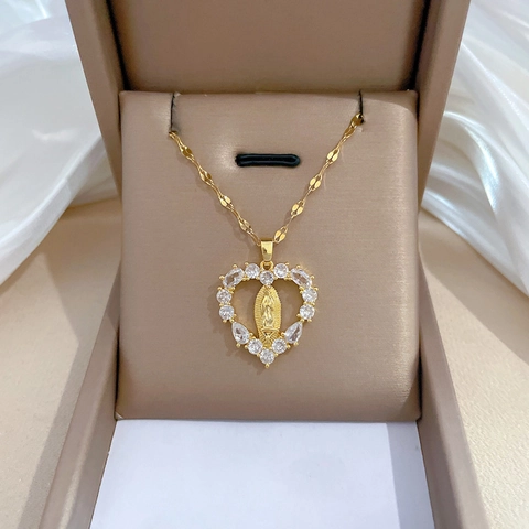 Collier Pendentif Cœur Vierge Marie Acier Inoxydable Cuivre Zircon Religieux Vintage Bijoux Or Pour Femmes