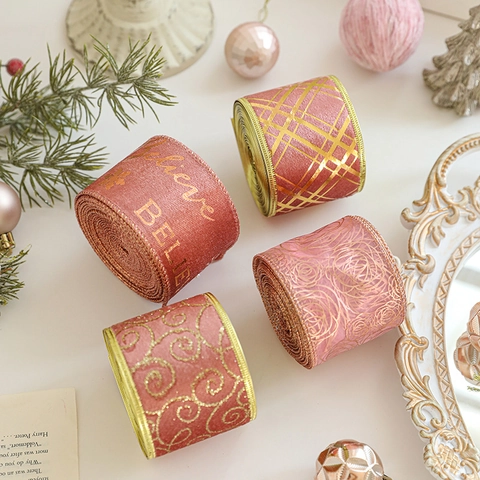 Christmas Ribbon Rose Gold Pink Bronzing Velvet Organza Wire Edged For Gift Wrapping Holiday Tree Decor