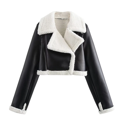 Women Faux Leather Moto Jacket Cropped Faux Fur Lined Shearling Trim Lapel Zipper Outerwear Black