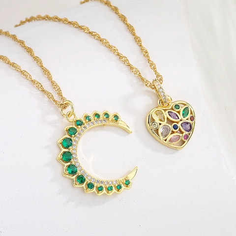 Collana Pendente Cuore Luna Rame Placcato Oro Zirconia Cubica Colorata Elegante Geometrico Retrò Gioielli Per Donne