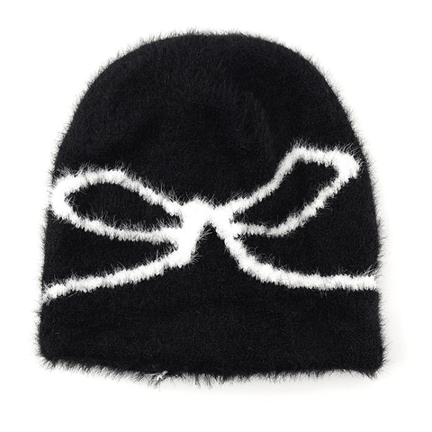Damen Plüsch Strickmütze Warm Winter Faux Mohair Süßes Schleifenmuster Jacquard Outdoor Lässig