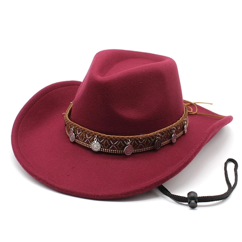 Western Cowboy Hat Felt Wool Vintage Wide Brim With Ethnic Band Metal Charms Adjustable Wind Cord Outdoor Travel Style
