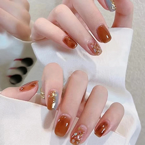 Short Round Amber Press On Nails With Gold Foil And Glitter Tortoiseshell Artificial False Nails For Women