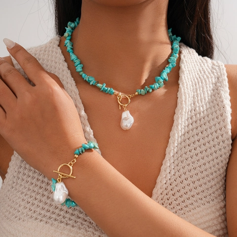 Collana E Bracciale Con Scaglie Di Turchese E Perla Artificial Barocca Per Donna Stile Bohémien Vacanze Vintage Chiusura A Gancio Oro