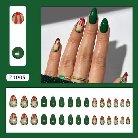 Christmas Press On Nails Almond Shape Red Bow Dark Green Gold Foil Detachable ABS False Nails Festive Manicure