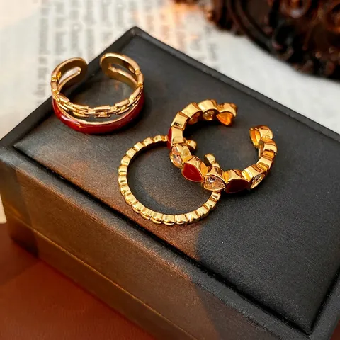 Vintage Copper Gold Plated Open Rings For Women Retro Red Enamel Heart Zircon Beaded Adjustable Finger Jewelry