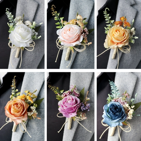 Artificial Rose Boutonniere Satin Flower Berries Hemp Rope Decor Wedding Prom Party Groom Groomsman Accessory Retro Elegant