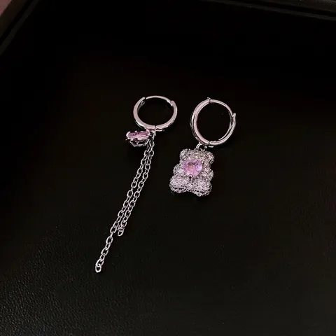 Gioielli Orsetto Rame Zircone Cuore Rosa Collana E Orecchini Asimmetrici Nappa Lusso Francese Placcato Argento