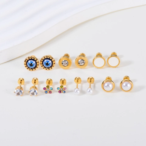 Edelstahl Ohrstecker 18K Vergoldet Zirkon Künstliche Perle Böser Blick Blume Schraubverschluss Winzig Minimalistisch Für Damen