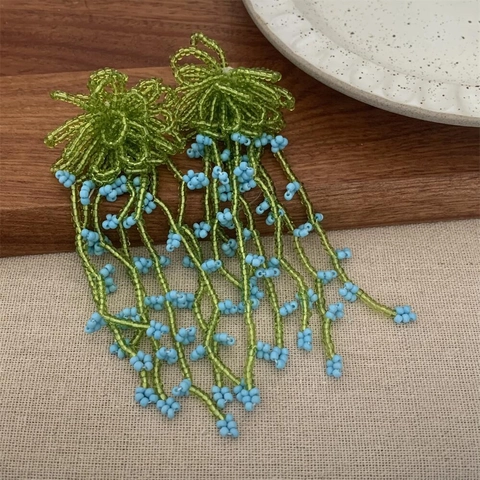 Orecchini Pendenti Con Nappa Di Fiori Di Perline Fatti A Mano Con Perno In Argento Per Donna Stile Boho Mare Verde Blu