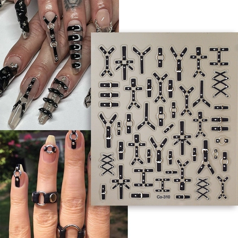 Autocollants Art Des Ongles 5D Relief Punk Gothique Noir Croix Sangle Cuir Boucle Design Auto Adhésif Imperméable Décor Manucure