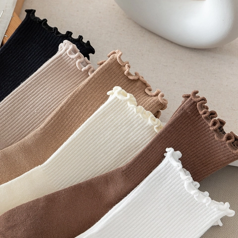 Women Cotton Ruffle Slouch Socks Ribbed Knit Solid Color Lettuce Trim Mid Calf Casual JK Style Soft Breathable
