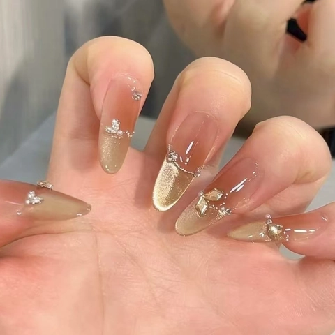 Cat Eye Press On Nägel Lange Mandelform Gradient Französisches Galaxie Design Mit Künstliche Perlen Und Strasssteinen Künstliche Nägel
