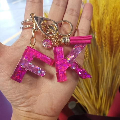 Pink Sequin Resin Initial Alphabet Keychain With Tassel Fish Scale CharmInitial Letter Key Ring For Women Bag Pendant Accessory