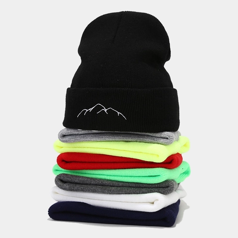 Minimalist Mountain Embroidery Knit Beanie Acrylic Cuffed Winter Warm Skull Cap For Men Women Outdoor Casual Fashion