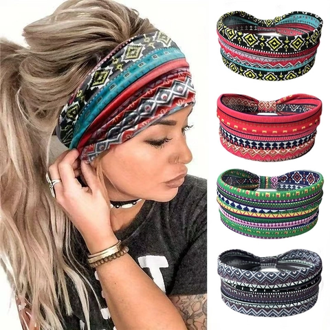 Breites Stirnband Mit Boho Print Elastisches Polyester Spandex Ethno Geometrisches Atmungsaktives Schweißband Damen Yoga Sport